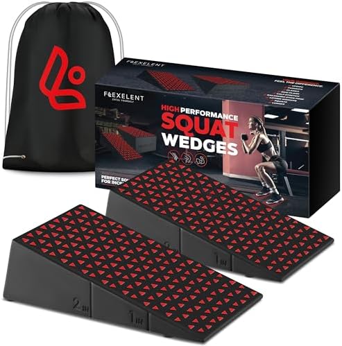 Flexelent Squat Wedge Block Pair, Squat Ramp, Calf Raise Block, Anti-Slip Slant Board, ATG Equipment to Boost Workout, 17° Incline, 3.5x5.9x12.2, Backpack Included - Vibrant Mix (Lime Green & Red)