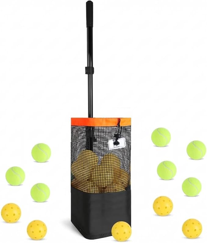 Tennis Ball Hopper & Pickleball Picker Upper, Ball Collector Hopper Holds 60 Tennis Balls or 50 Pickleballs, Adjustable Handle, Heavy-Duty Spring Ball Retriever for Training & Court Practice