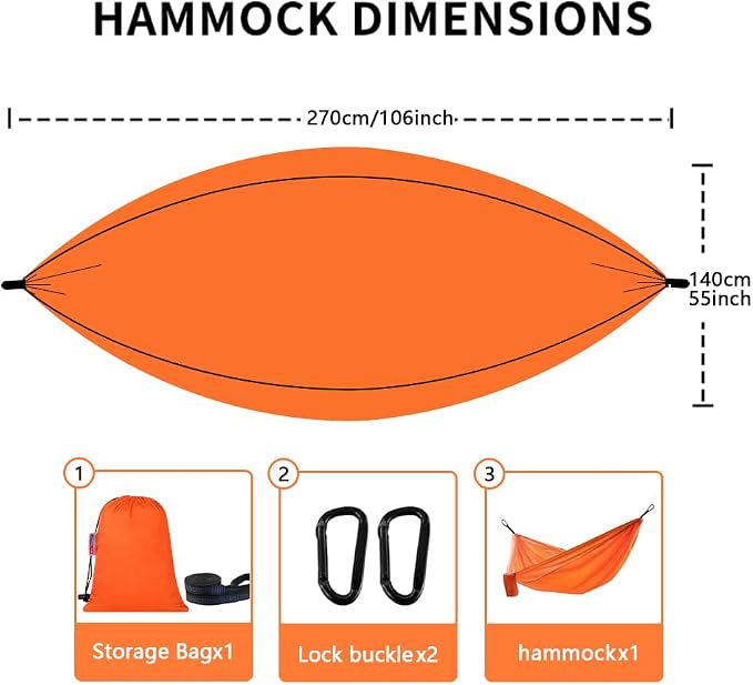Camping Hammock, Portable Hammocks with Tree Straps & Attached Carry Bag, Travel Tree Hammocks for Outside Indoor Hiking Beach Backpack Travel(Orange, Polyester Pongee)