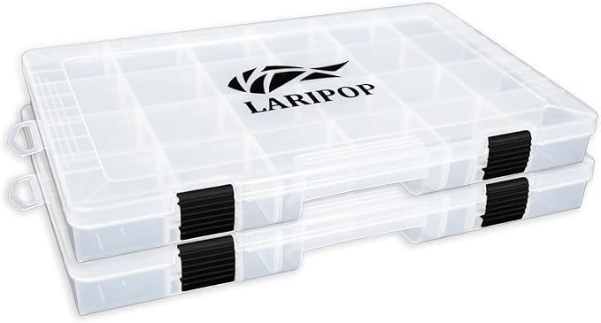 LARIPOP 2-Pack 3700 Fishing Tackle Boxes, Clear Plastic Storage Trays with Adjustable Dividers, Organizer for Lures, Hooks, Sinkers, Jigs & Fishing Accessories