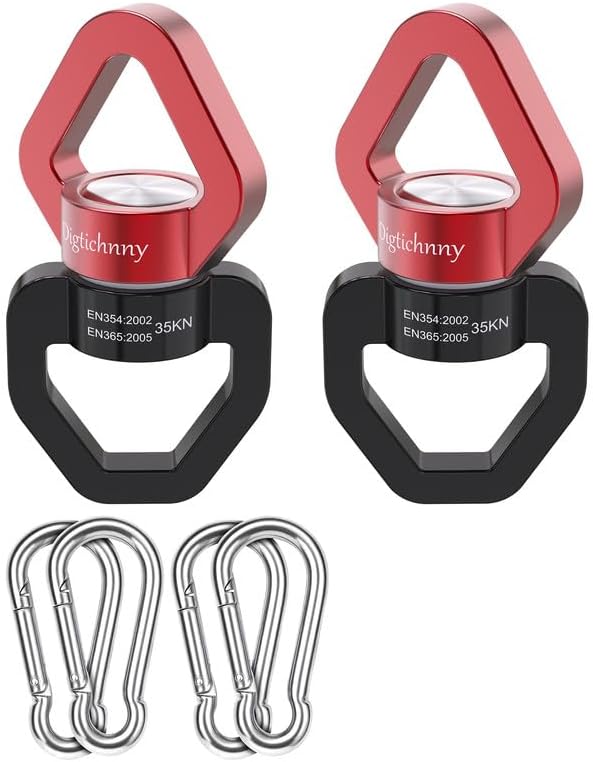 2 Pack Swivel Hook for Swing, 35KN Swing Spinner, Aluminium Alloy Swing Swivel for Children's Swing,Aerial Yoga,Web Tree Swing,Hanging Hammock Indoor Outdoor(Black-Red with 4 Carabiners)