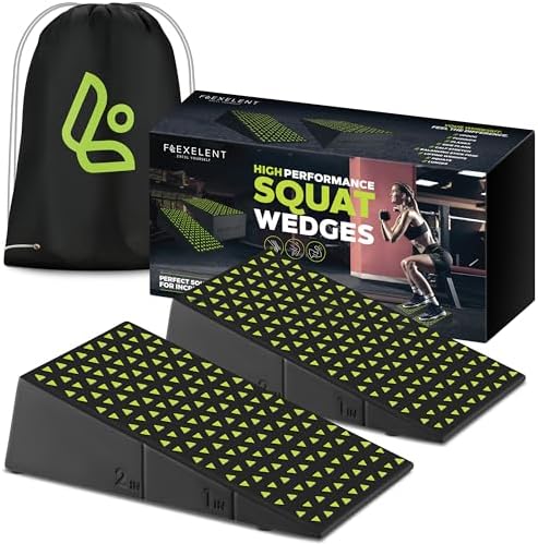 Flexelent Squat Wedge Block Pair, Squat Ramp, Calf Raise Block, Anti-Slip Slant Board, ATG Equipment to Boost Workout, 17° Incline, 3.5x5.9x12.2, Backpack Included - Monochrome (Black & Lime Green)