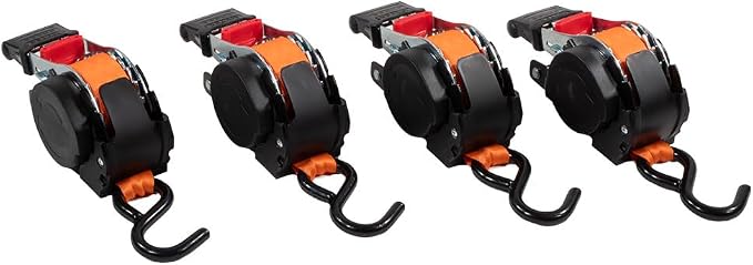 Mytee Products 8 Pack 1''x10' Bolt on Orange Retractable Ratchet Straps for Cargo - Coated S Hook Auto Retract Ratchet Straps - Self Ratcheting Strap for Boat Tie Down to Trailer & Jet Ski, ATVs