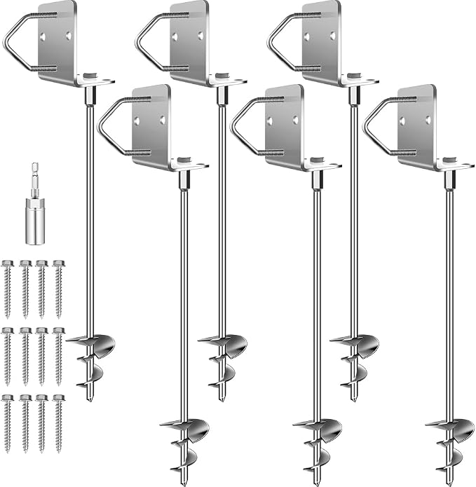 Ground Anchors Shed Anchors 27" Set of 6 Trampoline Stakes Screw in Heavy Duty Mobile Home- Storage Shed Anchor Kit - Playset Swing Anchors - Stakes for Fence,Carport,Garden (Silver, 6 x 27in)