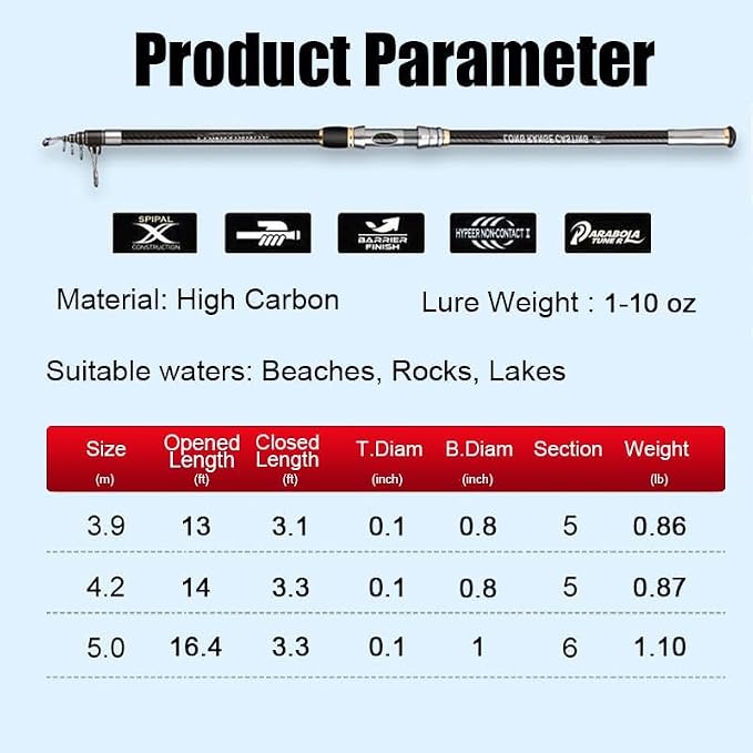13Ft 14Ft 16.4Ft Telescopic Fishing Rod,1-7Oz,15-40LB Carbon Portable Spinning Fishing Pole, Boat Saltwater and Freshwater Surfcasting Baitcasting Rod, Long Distance Throwing Fishing Rod