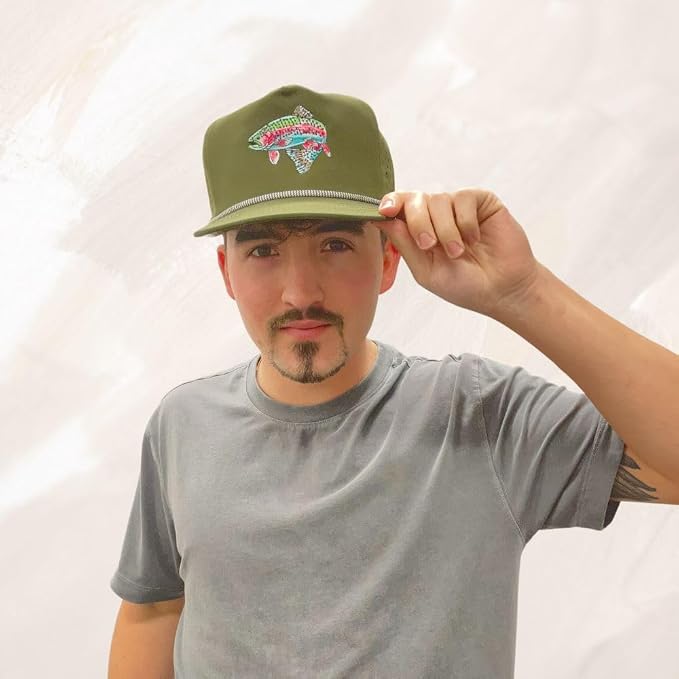 Trout Hat for Men - Dri-Fit Snapback Fishing Cap with Embroidered Rainbow Trout - Performance Laser Back Hat