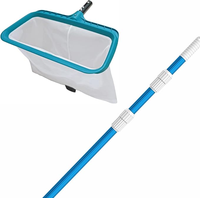 POOLWHALE Pool Skimmer Rake Fine Mesh Net with 12FT Telescopic Aliminum Pool Pole