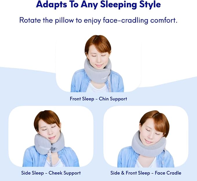 C CUSHION LAB Travel Pillow, Award-Winning Patented Ergonomic Design for Chin & Neck Support Memory Foam Neck Pillow, Compact Airplane Pillow for Traveling, Flight, Car (Navy, Medium) (Pack of 2)