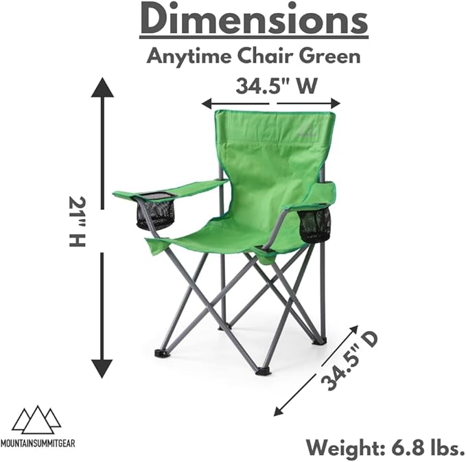 MOUNTAIN SUMMIT GEAR Anytime Chair for Camping, Sports, and The Outdoors w/Carry Bag, Camping Chairs for Adults, Folding Chair for Outside, (by Caddis Sports)
