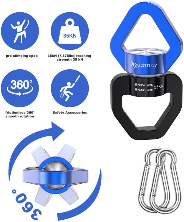 2 Pack Swing Swivel, 35KN Aluminium Alloy Swivel Hook for Swing, Swing Spinner for Children's Swing,Aerial Yoga,Web Tree Swing,Hanging Hammock Indoor Outdoor(Black-Blue with 4 Carabiners)