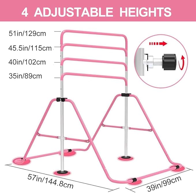 Gymnastics Bar with Self-Inflating Mat for Kids, Adjustable Height Gymnastic Horizontal Bars with Mat, Folding Gymnastic Training Monkey Bars, Junior Expandable Training Kip Bar for Home