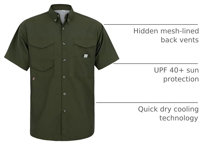 Alimens & Gentle Short Sleeve Fishing Shirt Wicking Fabric Sun Protection Casual Button Down Shirts