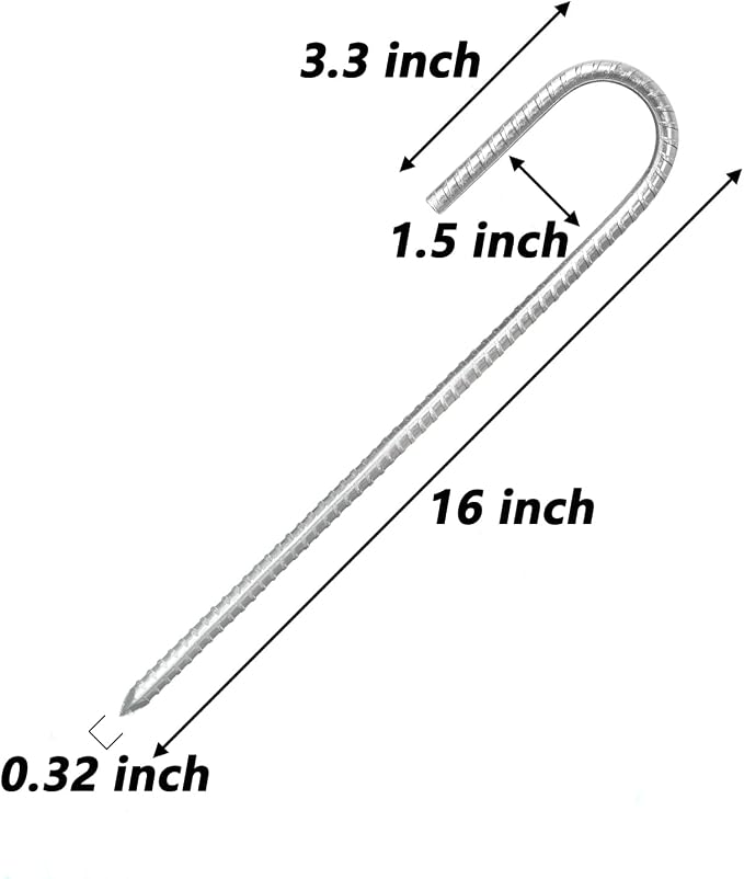Rebar Stakes, 10 Pack 16 Inch Heavy Duty J Hook Galvanized Ground Stakes for Camping Tent Trampoline Swings and Chain Link Fence (Silver)