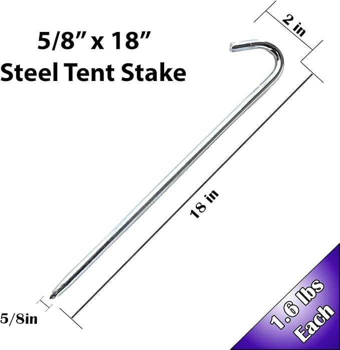 Steel Tent Stakes Heavy Duty Ground Stake, Metal Stakes to Anchor Commercial Inflatables, Outdoor Camping Canopy, Fence, Garden Tent Accessories, 5/8" Diameter x 18" Length, 4 Pack