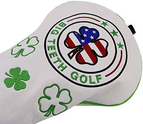Big Teeth Golf Cover Lucky Clover Headcover Covers, Driver Fairway Wood Hybrid Headcovers Fits Blade Mallet Putter Iron and Woods with Magnetic White Shamrock Head Club Protector Leather