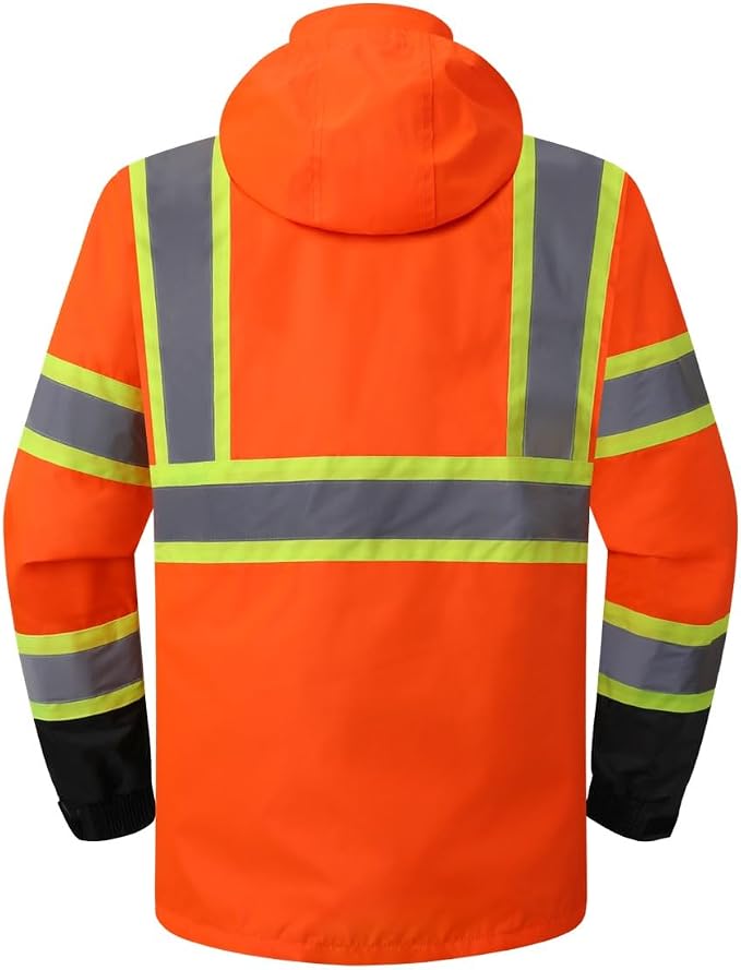 JKSafety Hi-Vis Reflective Safety Rain Jacket for Men Women Waterproof Rain Gears for Farming Fishing Work HV Rain Jacket with Inner Mesh Lining and Pockets (117A-OBlk XXL)