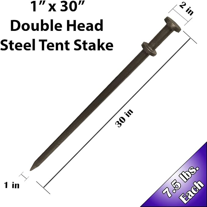 1 x 30 Inch Heavy Duty Double Head Steel Tent Stakes, Industrial Strength Versatile Ground Anchors for Commercial Inflatables, Large Event Tents and Camping Shelter Spikes - 4 Pack