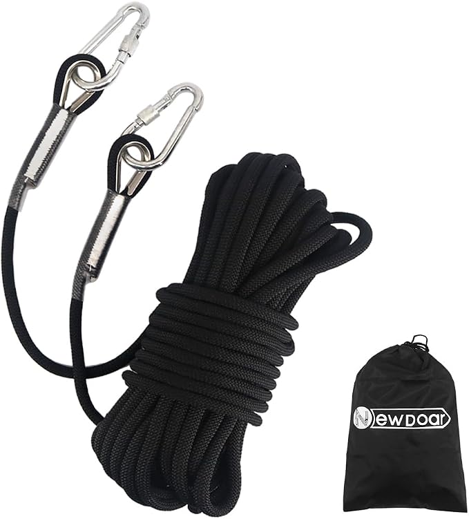 NewDoar Climbing Rope 8(5/16in),10mm (3/8in), High Strength Accessory Cord Rope with 2 Steel Hooks, for Outdoor Rescue Rappelling Rope Down Cliffs ledges Safety Escape Tow Strap Equipment(Black)