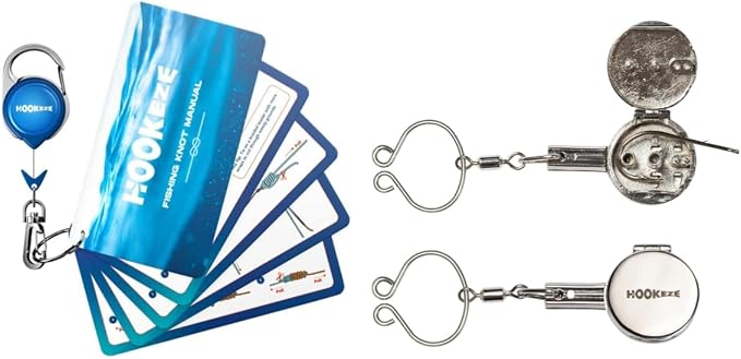 HOOK-EZE Fishing Knot Tying Tool(Standar-Metal), Fishing Knot Tying Cards to 8 Essential Fishing Knots, Come with A Fly Fishing Zinger Retractor