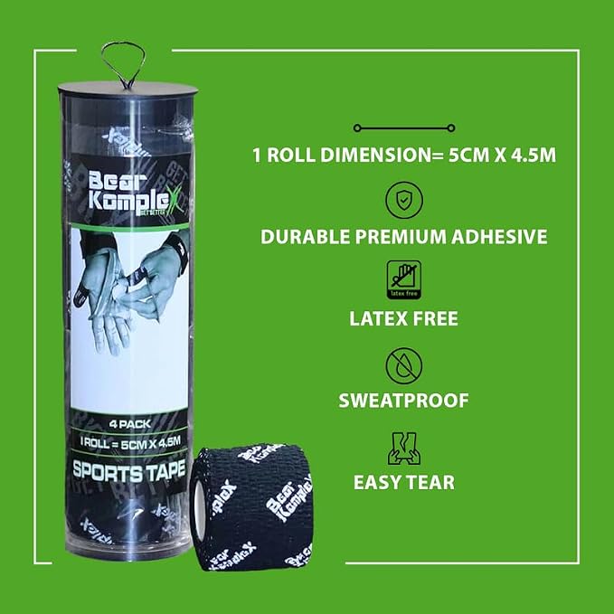 Bear Komplex Athletic Sports Tape, 4 or 12 Pack of Premium Adhesive Wrap, 5 cm Tape, Sweatproof, Breathable, and Non-Slip for Lifting, and Hook Grip, Hypoallergenic and Latex Free