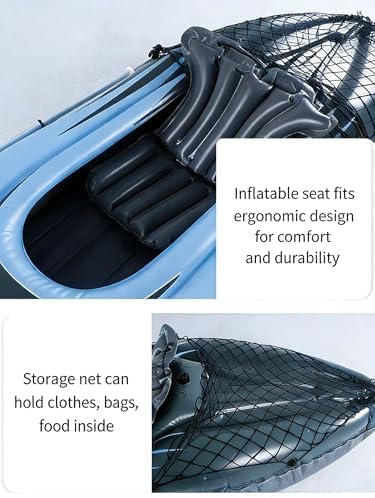 9ft Inflatable Fishing Kayak, 1-Person Foldable Boat, 220lb Capacity with Aluminum Oars, High Output Pump, Adjustable Seat, Removable Fins, Cargo Net for Adults, Lakes, Rivers and Fishing
