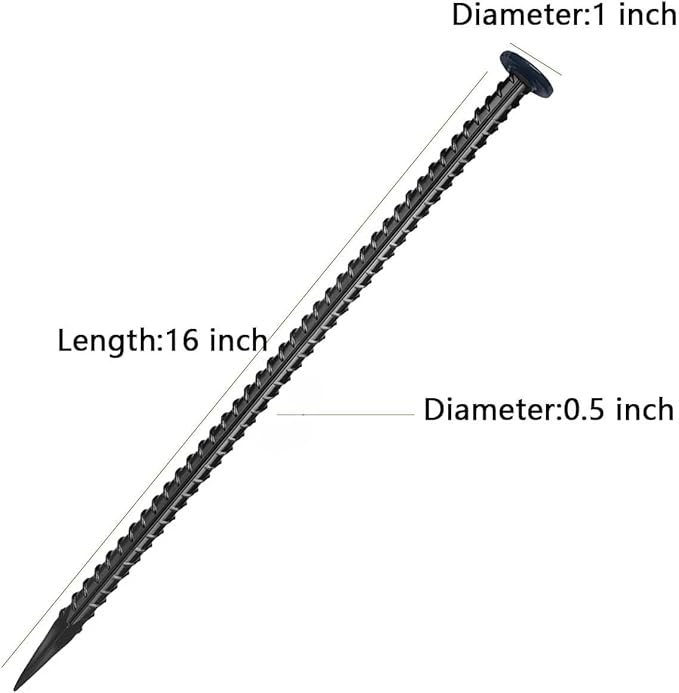 16 Inch Rebar Stakes,Ground Stake 1/2 Inch Diameter，Galvanized Steel Ground Anchors, Heavy Duty Metal Spikes，Asphalt Anchor,Used for Speed Bump Wheel Stop and Camping Tent(16 Pack ，Black)