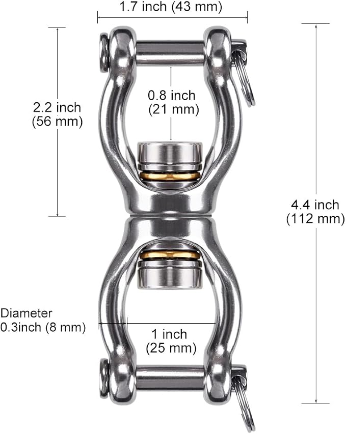 Dolibest SUS304 Silent Bearing Swing Swivel, Tire Swing Swivel with 2 Removeable Buckle for Web Tree Swing, Aerial Dance, Swing Yoga Swing Sets, 770LB Capacity-2 Pack, Large