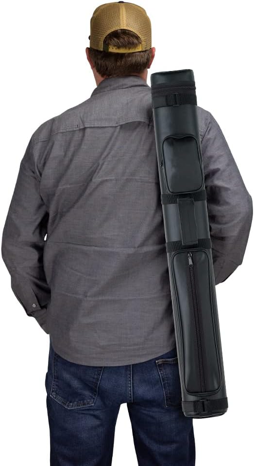 Action 34" Long Pool Cue Hard Carrying Case - Holds 2 Butts & 2 Shafts, Separate Molded Tubes, Large Zippered Accessory Pockets, Adjustable 1" Vinyl Carrying Strap, Fits up to 32" Shaft or Butt