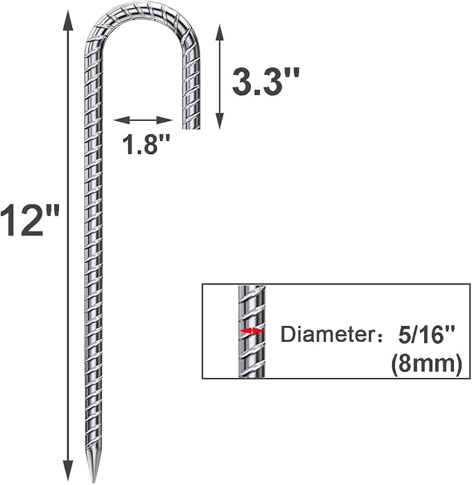 Rebar Stakes 12 Inch 32 Pack Tent Stakes Heavy Duty Metal J Hook, Fence Stakes for Trampoline, Fence, Camping Tent (32, J-12 x2/5")