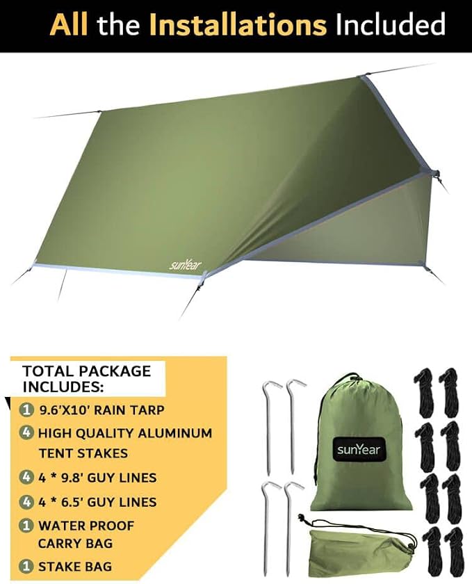 Sunyear Camping Hammock with Net and Hammock Tent Rain Fly Bundle - Perfect for Hiking, Backpacking, Outdoor Sleeping and Camping Survival