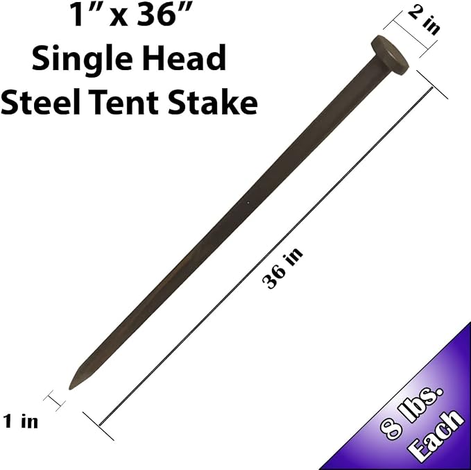 Single Head Metal Tent Stakes Heavy Duty Steel Ground Stake, Versatile Spikes to Anchor Commercial Inflatables, Event Party Tents, and Outdoor Camping Shelters, 1 x 36 Inch, 10 Pack