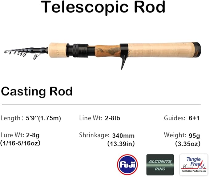 PURELURE Telescopic Fishing Rod Ultralight/Light, Portable Travel Rod 5'9'' | Carbon Fiber Rod Spinning & Casting, FUJI Alconite Ring and Reel Seat, One-Piece Mixed Carbon/4A Cork Handle, Spare Solid Tip
