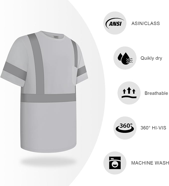 TCCFCCT Construction Shirts Class 2 High Visibility Shirts for Men, Hi Vis Reflective Safety Shirts for Men Women, Work Shirts with Short Sleeves, Durable & Breathable, DC-Light Gray 5XL