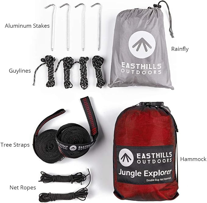 Easthills Outdoors Jungle Explorer 118" x 79" Double Camping Hammock Lightweight Ripstop Parachute Nylon 2 Person Hammocks with Removable Bug Net, Tree Straps and Tarp Gray