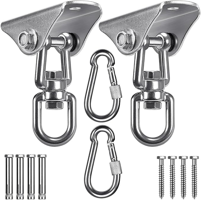 SELEWARE Swing Hangers Stainless Steel Swing Hooks Swivel Swing Mount Hardware w/Carabiners for Porch Swing Sets Hammock Chair Heavy Bag Yoga Silk Suspension Straps 1000 LB Capacity Each 2 Pack