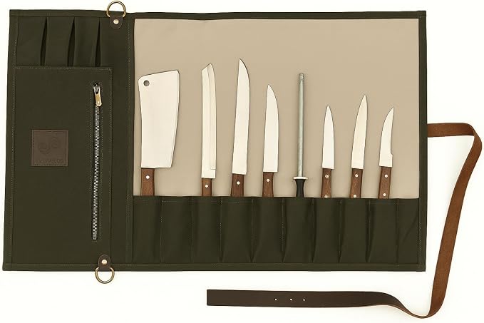 EVERPRIDE Stunning Waxed Canvas Roll Bag in Rich Dark Green w Genuine Leather Trim. Handsome Professional Chef Knife Roll Bag with upto 14" Knives and Storage Compartments A Super Gift