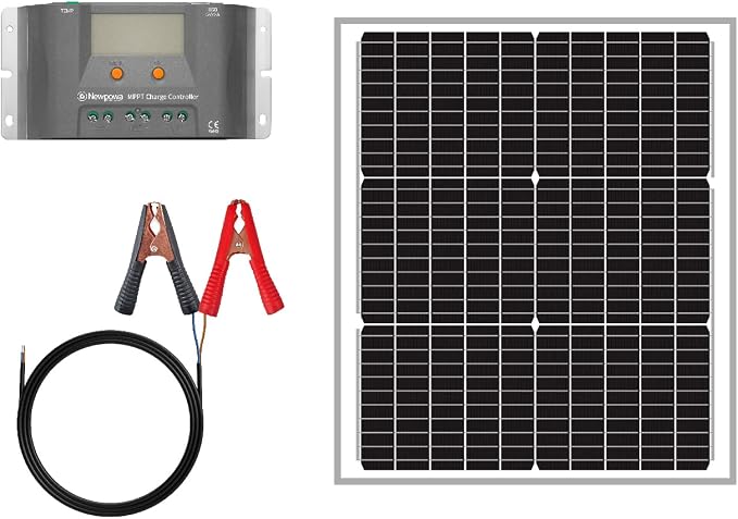 Newpowa 50W Watts 12V 10BB Mono Solar Panel Off Grid Solar Charge Kit 50 Watt 12 Volt Solar Panel+10A MPPT Charge Controller+8ft Cord for Connecting Controller to Battery Alligator Clamp