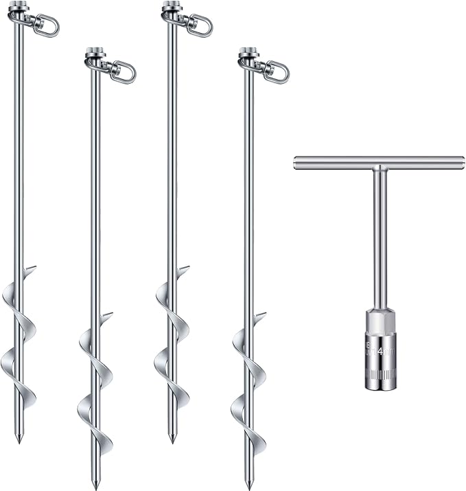 Hiboom 4 Pcs Ground Anchors with T Handle Hex Wrench Trampoline Hook, Ground Anchor Screw in Kit, Inflatable Outdoor Decorations Accessories for Camping Tents Car Ports Canopies (Silver,16 Inch)