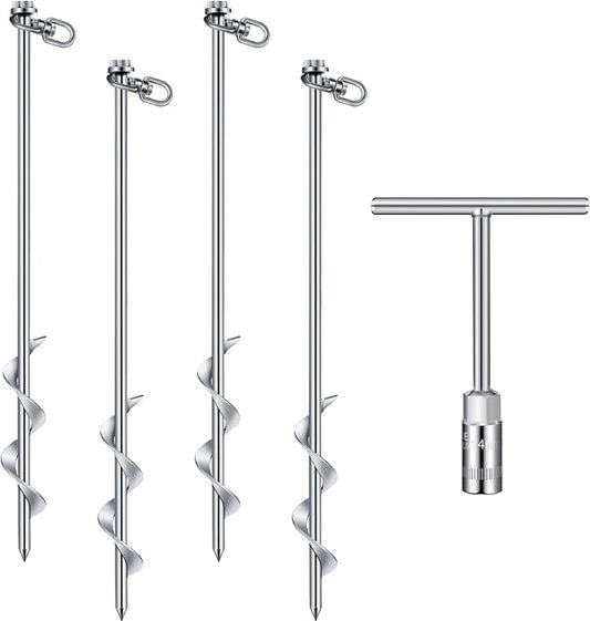 Hiboom 4 Pcs Ground Anchors with T Handle Hex Wrench Trampoline Hook, Ground Anchor Screw in Kit, Inflatable Outdoor Decorations Accessories for Camping Tents Car Ports Canopies (Silver,16 Inch)