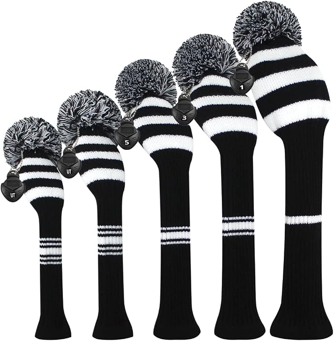 Scott Edward Knit Golf Club Cover with a Pom Set of 5 Head Covers Protect Driver Wood(460cc) 1 Fairway Wood2 and Hybrid/UT2 with Rotating Club Number Tags