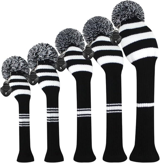 Scott Edward Knit Golf Club Cover with a Pom Set of 5 Head Covers Protect Driver Wood(460cc) 1 Fairway Wood2 and Hybrid/UT2 with Rotating Club Number Tags