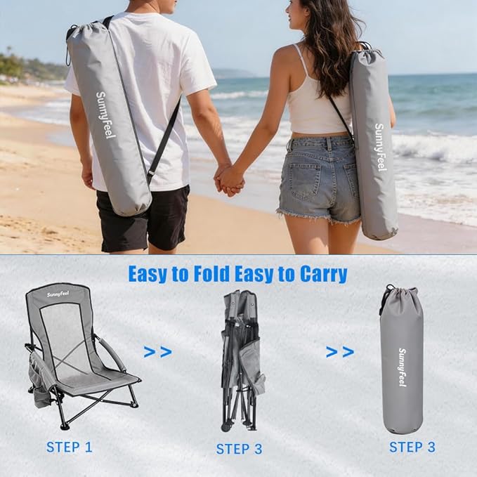 SUNNYFEEL Low Folding Beach Chair for Adults, Portable Lightweight Sling Beach Camping Chairs with Cup Holder, Armrest,Foldable Camp Lawn Chair for Outdoor Sand Concert Travel Sport Events,300LBS