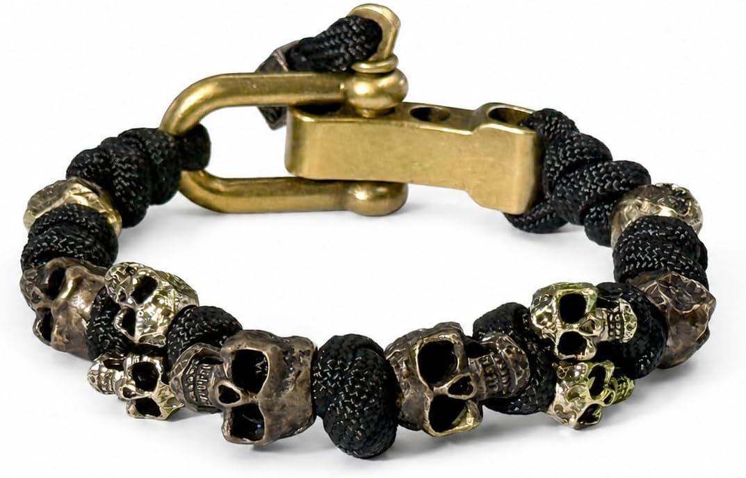 Skull Paracord Bracelet Black Green Paracord Bracelet Adjustable Gothic Design Bracelets with Metal Skull Charms U-Shackle Closure