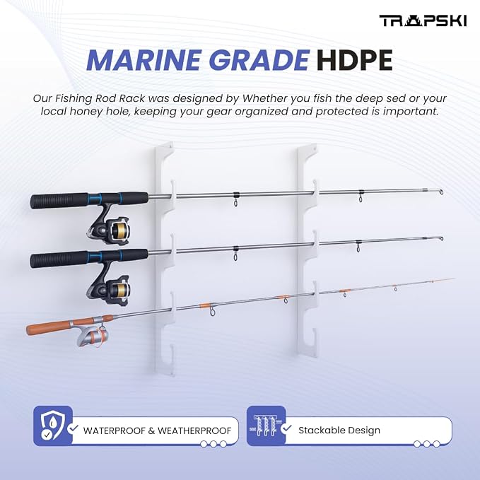 TRAPSKI Made in The USA Fishing Rod/Pole Holder Rack Organizers | Wall or Boat Mounting Fishing Rod Rack | Marine Grade HDPE Plastic | Pole Holder for up to 8 Rods | Stackable - 2 Pack