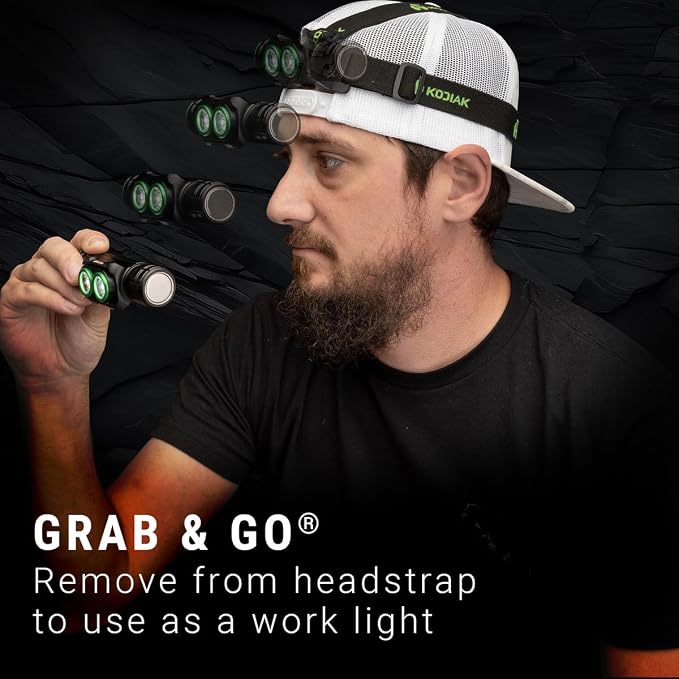 Kodiak Rechargeable 3000 Lumen Headlamp | Detachable LED Work Light with Magnetic Base & 180° Swivel | Aerospace Aluminum IPX4 Water Resistant | 2600mAh Replaceable Battery & USB-C Cable