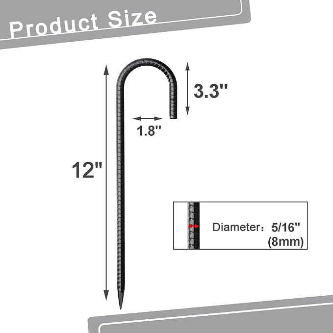 Rebar Stakes 12 Inch 16 Pack Tent Spikes Heavy Duty Metal J Hook, Fence Stakes for Trampoline, Fence, Camping Tent (16, J-12 x5/16 Black)