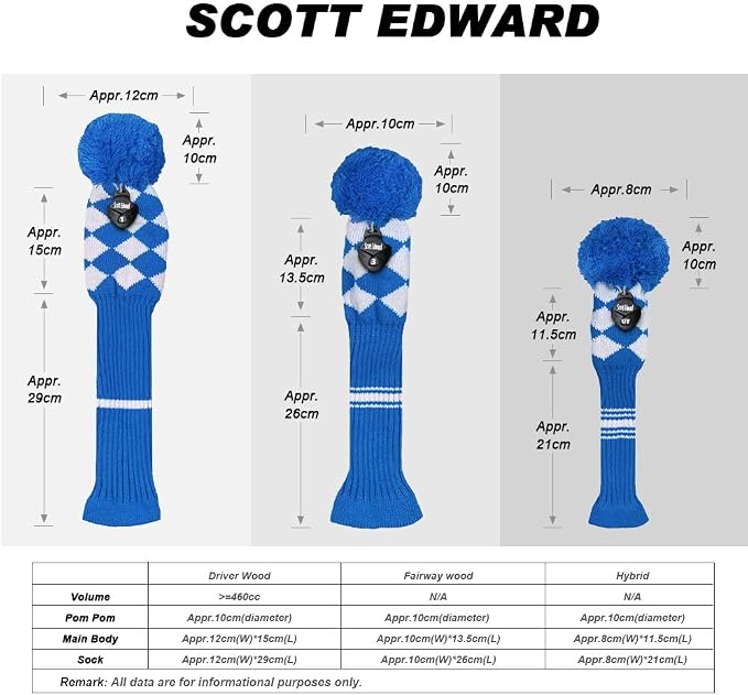 Scott Edward Knit Wood Golf Club Head Covers 4 Pieces Knitted Item Fit Over Well Driver Wood(460cc) Fairway Wood and Hybrid(UT)