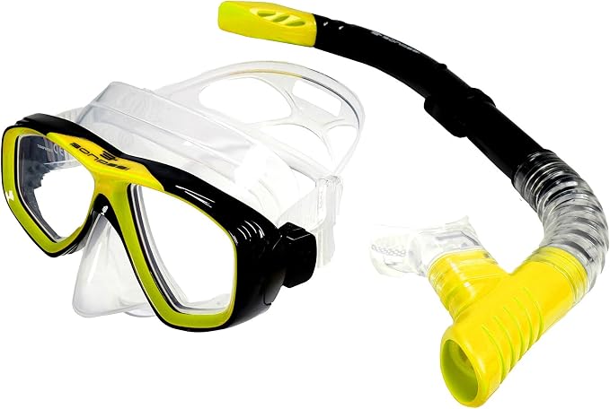 Bonassi Silicon Venture Pro Snorkel Combo with Reusable Bag - Anti-Fog Silicon Soft Mask, Snorkel with Purge Valve, Semi-Dry Top and Silicon Mouthpiece - Perfect for Diving and Snorkeling