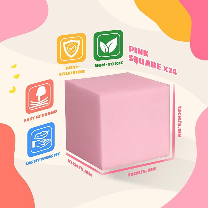 Foam Pit Cubes, 24 PCS 5 Inches Gymnastics Foam Blocks Trampoline Blocks, Multi-Sport Protective Padding for Freerunning, Trampoline, Parkour, Skate Parks & BMX - Pink