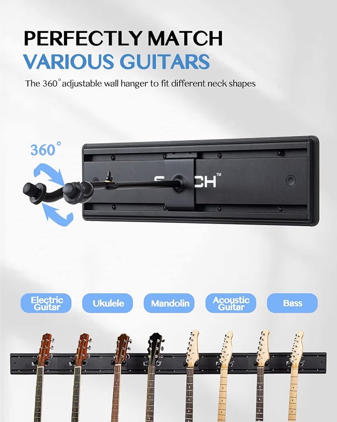 STRICH Guitar Wall Mount Hangers for Multiple Guitars, Holds 8 Guitars, Strong Aluminum Metal Guitar Stand Rack Bass Holder, Adjustable Instruments Display Set, SMH-08A